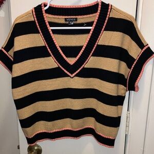 VENUS Black & Tan Striped V-Neck Sweater With Pink Trim Large